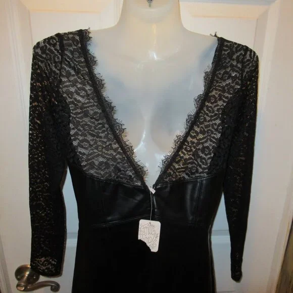 Free People Small NWT Colleen Faux Leather Lace Mini Dress Black Pleather Vegan - Picture 5 of 16